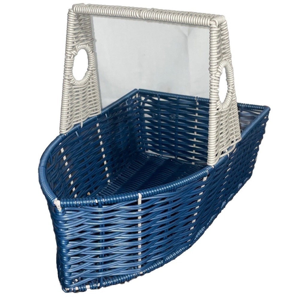 TUG BOAT SHAPED SERVING BASKET With HANDLE SUMMER BEACH LAKE NAUTICAL Blue Gray